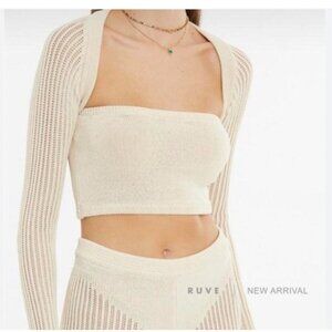 RUVE Noa Shrug Sweater Womens Small Beige Knit Long Sleeve Open Front Cropped